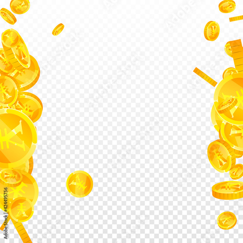 Chinese yuan coins falling. Admirable scattered CNY coins. China money. Delicate jackpot, wealth or success concept. Vector illustration.