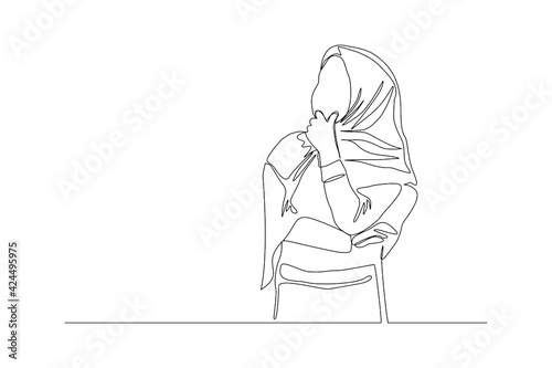 Continuous line drawing of Islamic arabic pensive female in hijab scarf standing looking away against. Single one line drawing of standing middle east muslim woman thinking. Vector illustration