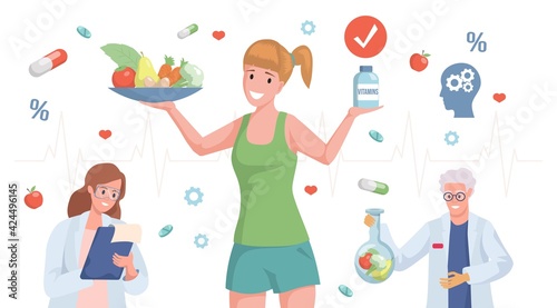Happy smiling woman in sport clothes holding plate with fruits and vegetables and bottle with vitamins vector flat cartoon illustration. Healthy and balanced nutrition, dietary supplements concept.