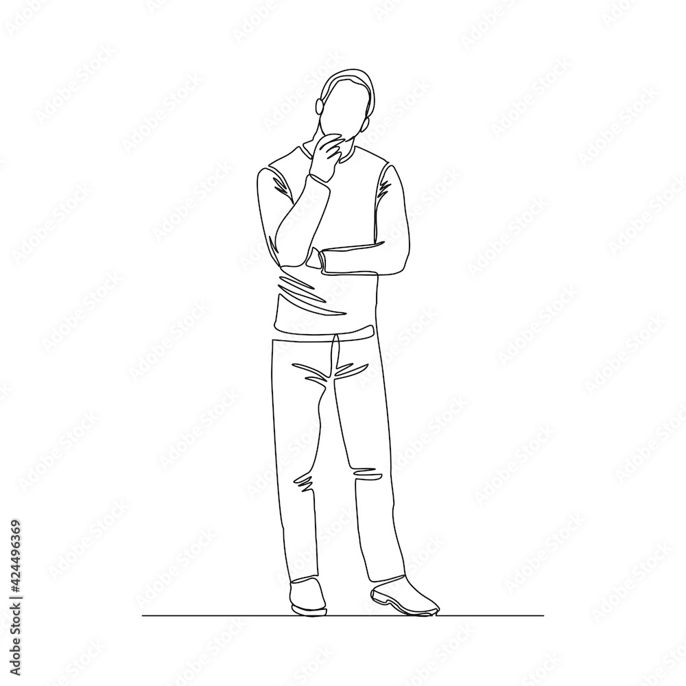 Continuous line drawing of young pensive male standing looking away against. Single one line drawing of standing man thinking. Vector illustration Continuous line drawing of young pensive male standing looking away against. Single one line drawing of standing man thinking. Vector illustration
