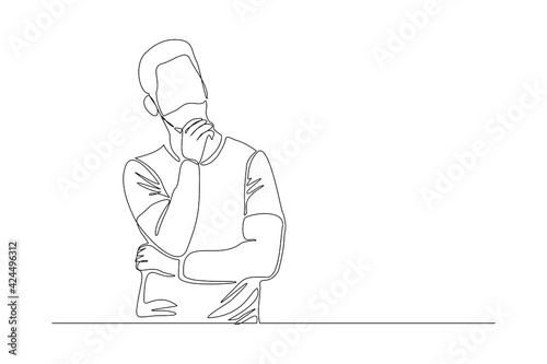 Continuous line drawing of young pensive male standing looking away against. Single one line drawing of standing man thinking. Vector illustration