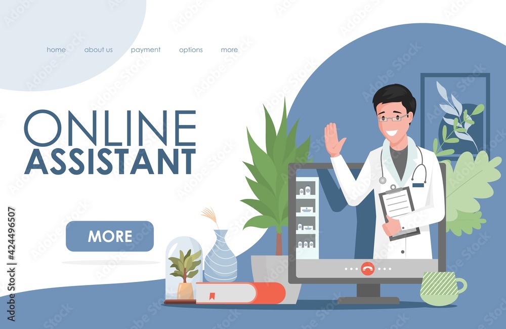 Online assistant vector flat landing page template with text space. Medical service concept with happy smiling doctor at computer screen. Telemedicine and online consultations for patients concept.