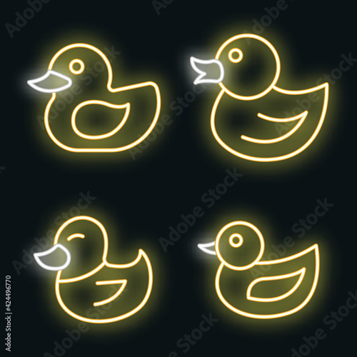 Duck icons set. Outline set of duck vector icons neon color on black