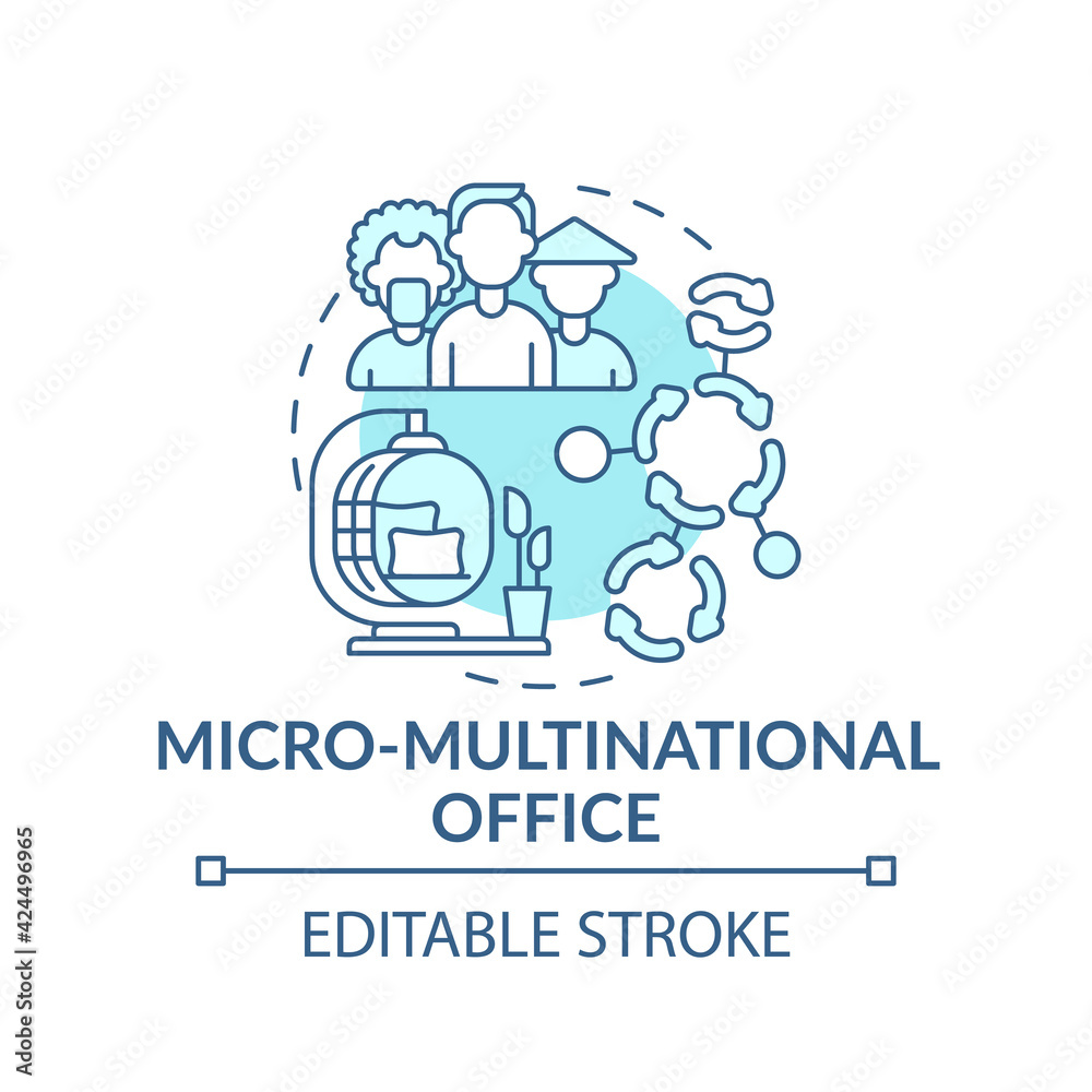 Micro-multinational office concept icon. Workspace trend idea thin line illustration. Foreign migrant workers. Relaxing place for employees. Vector isolated outline RGB color drawing. Editable stroke Micro-multinational office concept icon. Workspace trend idea thin line illustration. Foreign migrant workers. Relaxing place for employees. Vector isolated outline RGB color drawing. Editable stroke