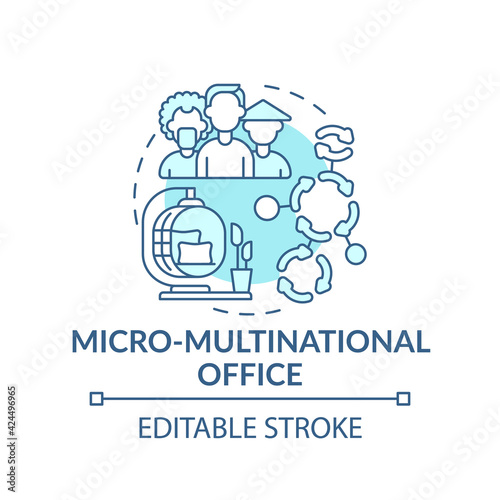 Micro-multinational office concept icon. Workspace trend idea thin line illustration. Foreign migrant workers. Relaxing place for employees. Vector isolated outline RGB color drawing. Editable stroke
