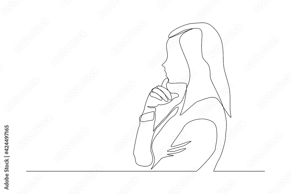 Continuous line drawing of beautiful pensive female standing looking away against. Single one line drawing of standing woman thinking. Vector illustration