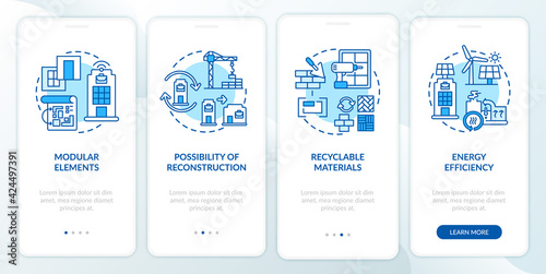 Futuristic office building requirement onboarding mobile app page screen with concepts. Remodeling walkthrough 4 steps graphic instructions. UI, UX, GUI vector template with linear color illustrations