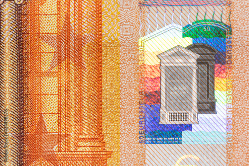 Closeup of 50 Euro banknote, Design of new 50 Euro Bills. European Money Fifty Euros. European Union Monetary Union. Hologramm as safety feature
