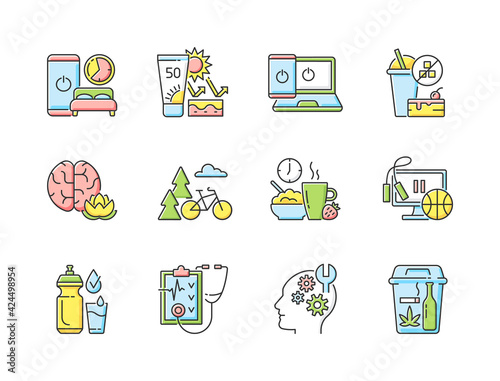 Healthy activity RGB color icons set. Quit bad habit. Learn new skill. Regular health checkup. Drink water. Exercise break. Healthy breakfast. Outdoor activity. Isolated vector illustrations