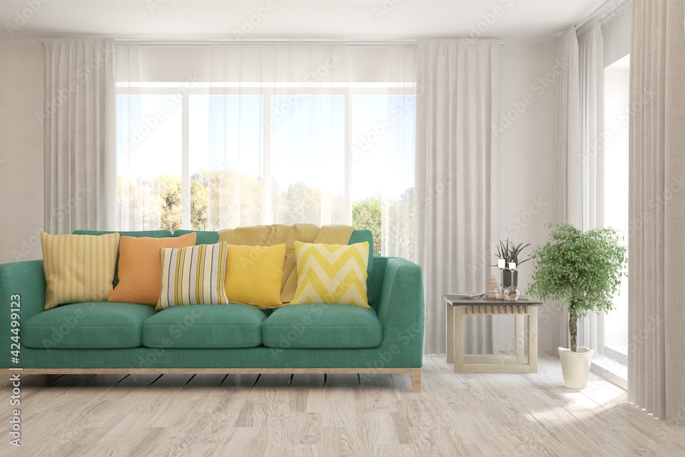 Stylish room in white color with sofa and autumn landscape in window. Scandinavian interior design. 3D illustration Stylish room in white color with sofa and autumn landscape in window. Scandinavian interior design. 3D illustration