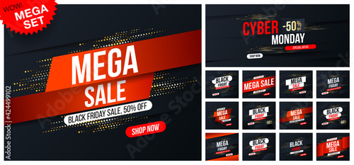 Big set of Mega sale banners with gold halftone glitter effect for special offers, sales and discounts on shopping day  Black Friday. Promotion and shopping template for Black Friday