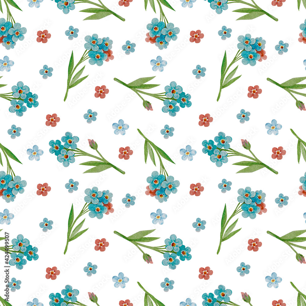 Fototapeta premium Watercolor seamless pattern. Delicate forget-me-not flowers on a white background.