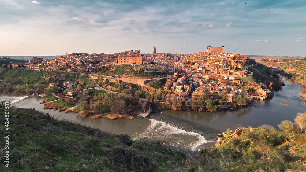 Toledo city surrounded by Tagus river located on hilltop. Spain