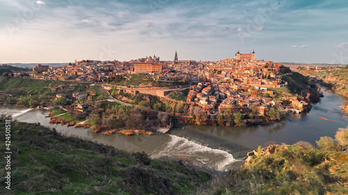 Toledo city surrounded by Tagus river located on hilltop. Spain