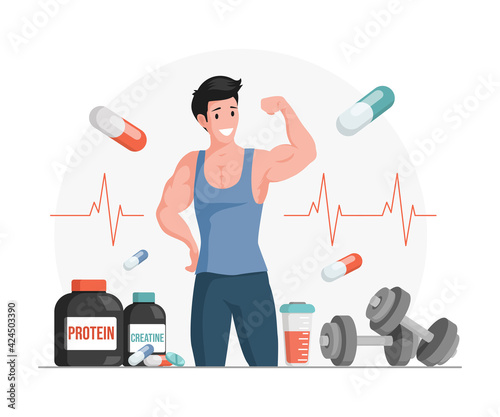 Athlete showing muscles vector cartoon illustration. Bottles and shaker with protein and creatine. Sport food full of vitamins, supplements and minerals. Sportive nutrition, active lifestyle concept.