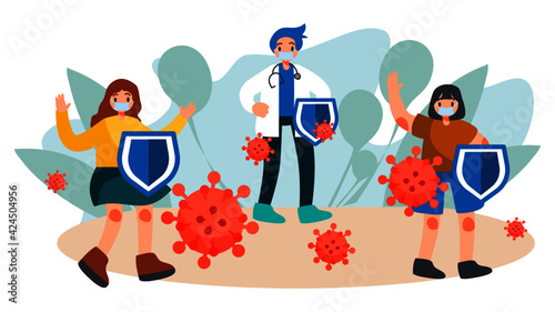 Coronavirus VS people Wearing mask and holding protective shield ,Fight and protect COVID-19  cartoon illustration flat vector 