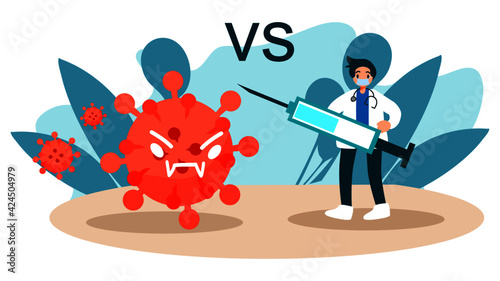 Coronavirus VS doctor holding vaccine ,Fight and protect COVID-19  cartoon illustration flat vector 