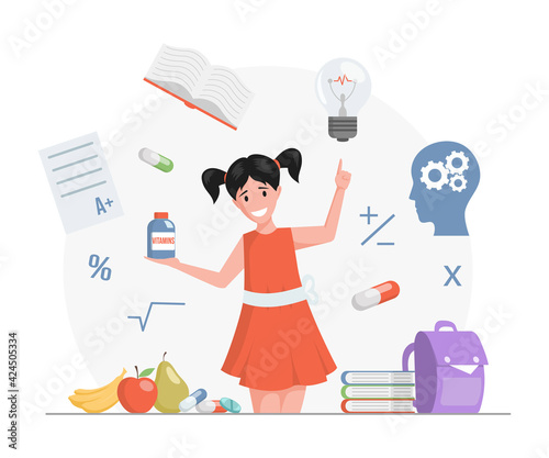 Happy girl in red dress holding plastic bottle with vitamins vector flat cartoon illustration. Supplements and minerals for kids good studying. Balanced and healthy diet for children education.