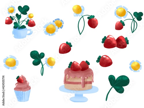 Sweet summer strawberries, flowers and cakes.