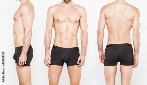 Collage different angle view of a muscular man wearing underwear isolated on white background. Black underwear for men copy space