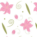 Floral pattern with pink flowers and lily buds and green leaves and swirls. For packaging design, background, printing on fabric