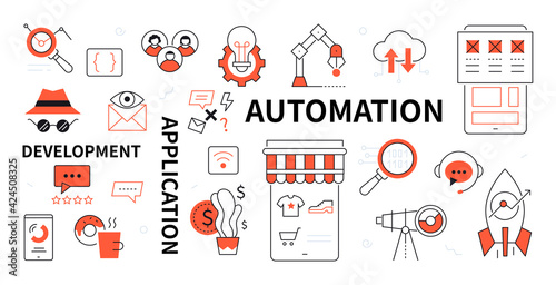 Development, application, automation - line design style icons