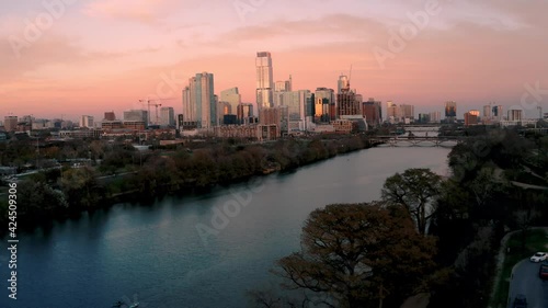 Wallpaper Mural Aerial drone fly towards downtown Austin, Texas skyline at sunset over Ladybird lake Torontodigital.ca