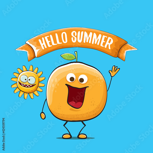 Hello summer concept with cartoon orange character and sun isolated on blue background. vector citrus fruit summer food character
