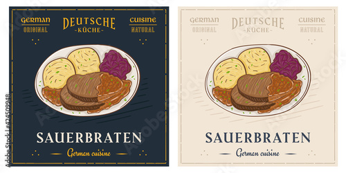 Sauerbraten traditional German roast marinated meat with potato dumplings on plate photo