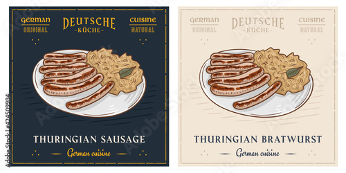 German thuringian sausage rostbratwurst with sauerkraut on plate