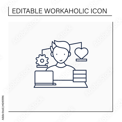Workaholic line icon.Work before personal lives. Give preference to job. Man works on laptop. Hard working.Work love concept.Isolated vector illustration.Editable stroke