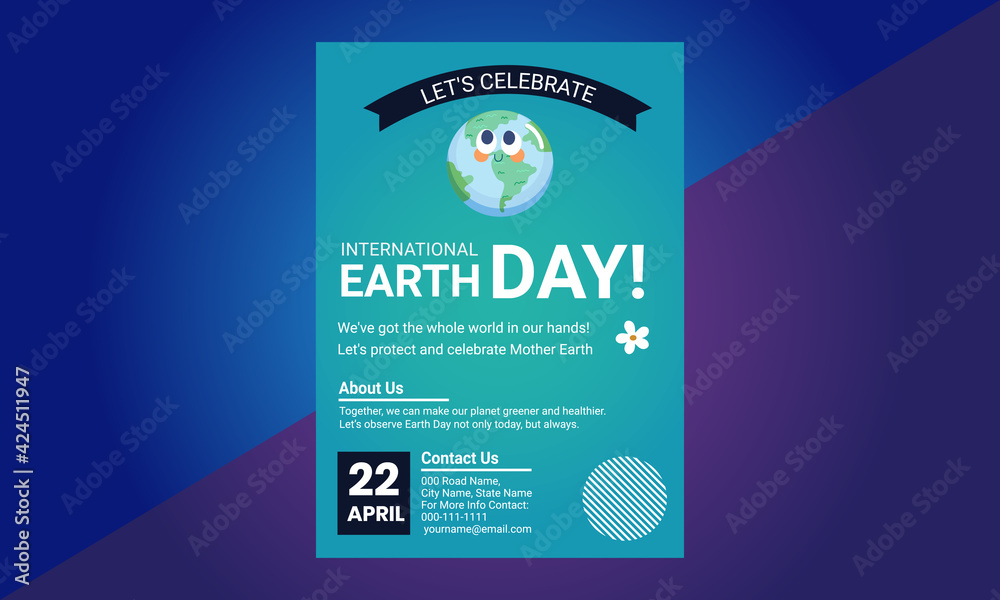 Naklejka premium Happy Earth Day flyer design template, Earth day vector poster design will illustration. Celebrate Earth day poster card design.