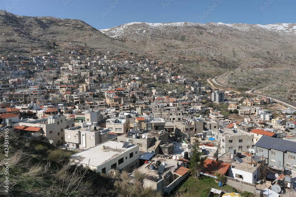 View of the center and eastern part of the Druze town of Majdal Shams, close to the Israeli-Syrian border in the Golan Heights, Israel.