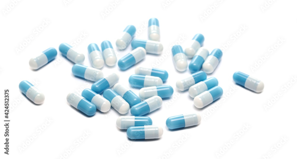 Blue white capsule, pills medicine isolated on white background 