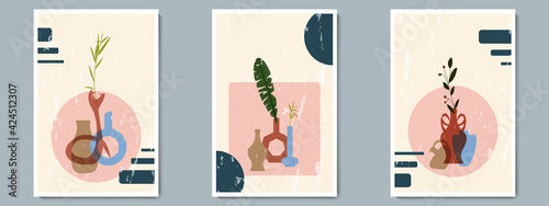 Hand Draw Pottery Vase Set with Tropical Plants and Geometric Shape. Trendy Collage for Decoration in Greek Style.