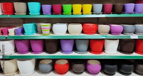 Many colorful ceramic and plastic flower pots at shop