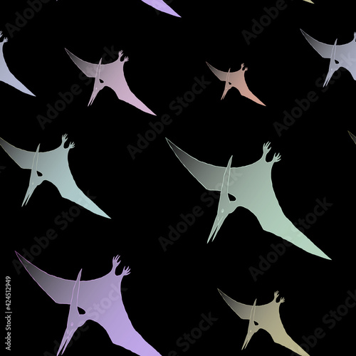 Multicolored pterodactyls fly on a black background photo