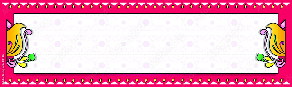 Bright and colorful eye catching truck art, tribal horizontal banner background template with traditional floral ethnic motives. Empty space on the vibrant board for your text and artistic elements