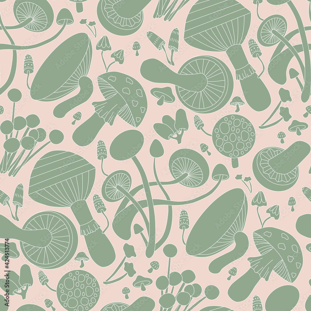 Forest mushrooms seamless pattern. Hand drawing. Red and white. Vintage. Vector illustration art Forest mushrooms seamless pattern. Hand drawing. Red and white. Vintage. Vector illustration art