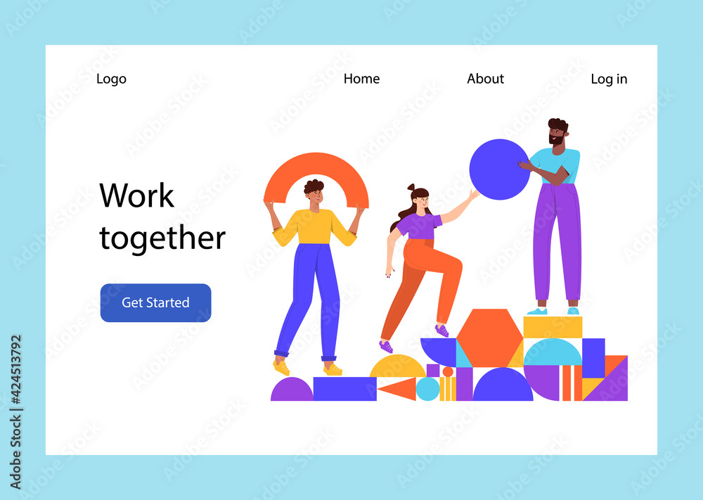 Teamwork, coworking, business partnership concept flat illustration. Characters with abstract geometrical shapes landing page design. Diverse people working together. People organize geometric figures