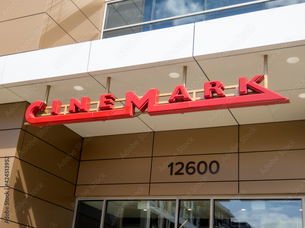 Totem Lake, WA USA circa March 2021 Telephoto view of a tall Cinemark movie theater building