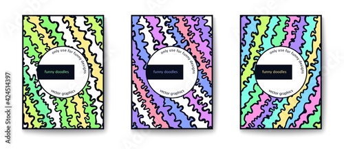 Сheerful bright flyer with fantasy pattern. Simple and funny cards. Freeform hand drawn doodle print. Vector cover templates