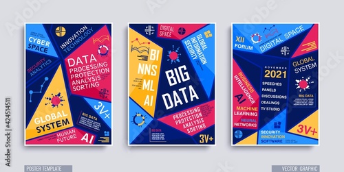 A4 poster template with geometric composition. Bright flat style shapes with typographics design. Trendy vector polygonal illustration