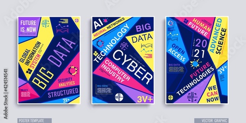 A4 poster template with geometric composition. Bright flat style shapes with typographics design. Trendy vector polygonal illustration