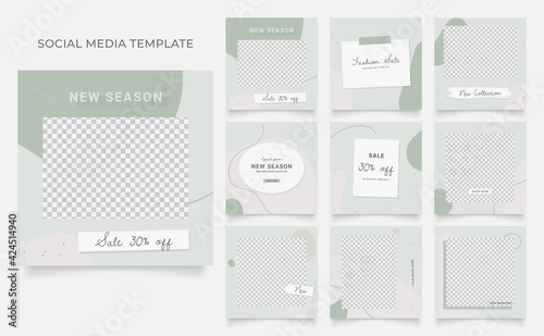 social media template banner blog fashion sale promotion. fully editable instagram and facebook square post frame puzzle organic sale poster. green grey white vector background