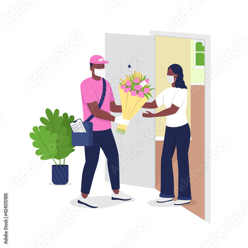 Delivery man in face mask give woman flowers flat color vector detailed characters. Safe gift delivery to home. Covid pandemic safety isolated cartoon illustration for web graphic design and animation