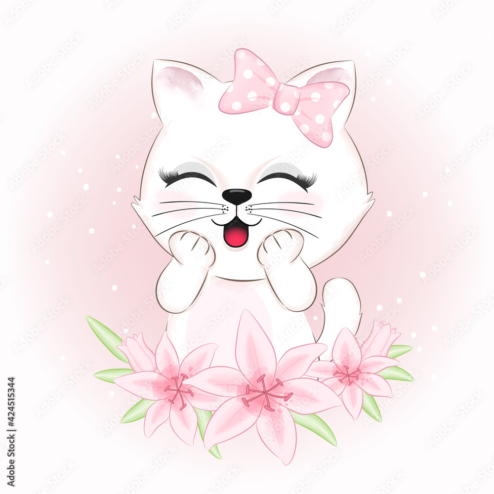 Cute Cat and bouquet cartoon animal watercolor illustration