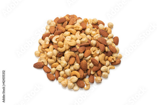 Mix of nuts isolated on white background. Top view.