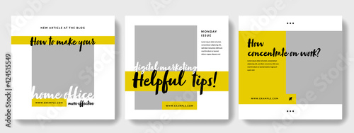 blogger social media layouts with black and yellow accent, helpful tips and how to idea for writers and PR articles