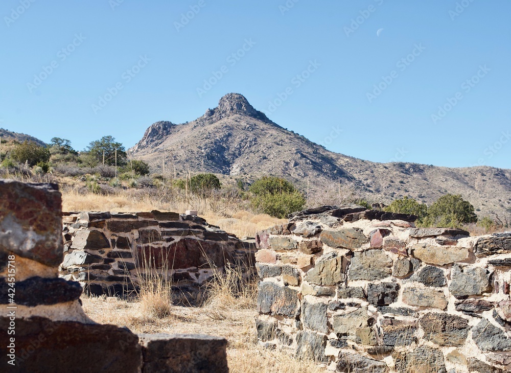 Fort Bowie National Historical Site in Arizona. Fort Bowie was a 19th-century outpost of the United States Army. Ruins of the commanding officer's quarters and Bowie Peak. 